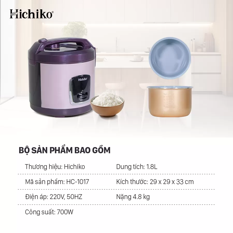 Nồi cơm điện 1.8L Hichiko HC - 1017, dành cho 6-10 người ăn, nồi siêu chống dính, mâm nhiệt dày dặn