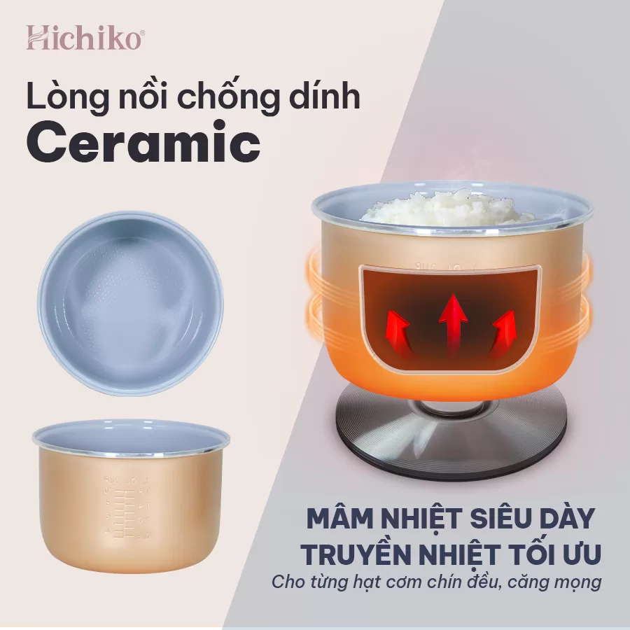 Nồi cơm điện 1.8L Hichiko HC - 1017, dành cho 6-10 người ăn, nồi siêu chống dính, mâm nhiệt dày dặn