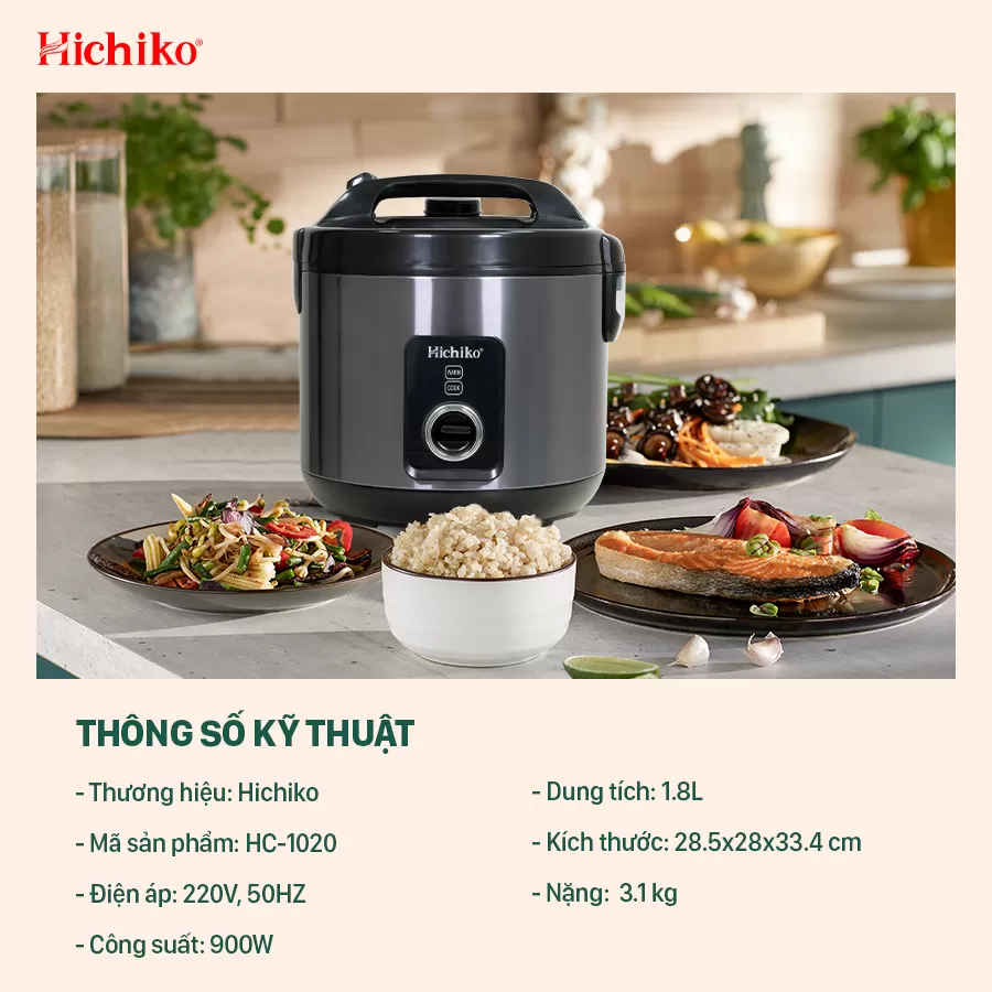Nồi Nấu Cơm điện 1.8L Hichiko HC - 1020 phù hợp dành cho gia đình 6 - 10 người