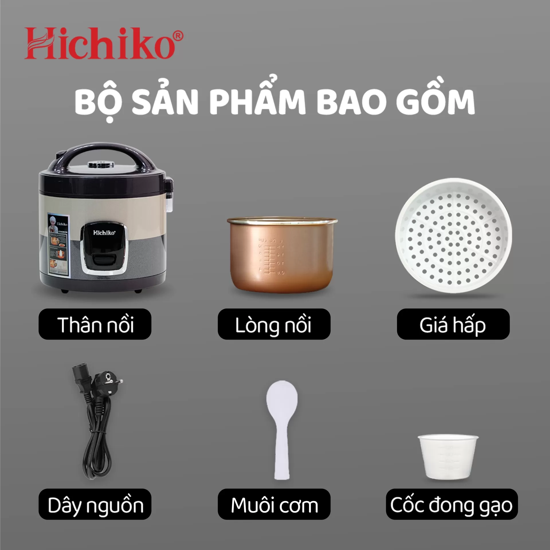 [HC1021] NỒI CƠM QUAI XÁCH Hichiko HC1021 – 1.8L: Quai xách nhàn tay, cơm ngon đúng vị!