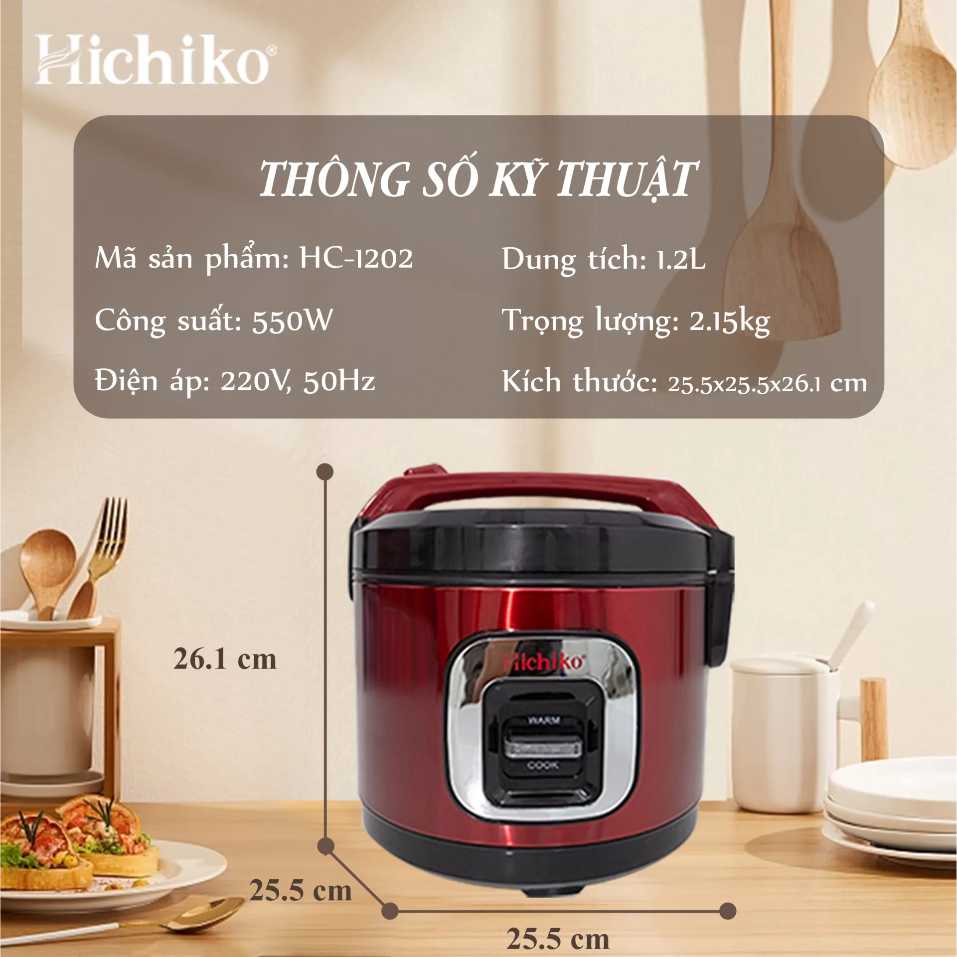 Nồi Nấu Cơm điện 1.2L Hichiko HC - 1202 dành cho gia đình từ 4 - 6 người, lòng niêu siêu chống dính