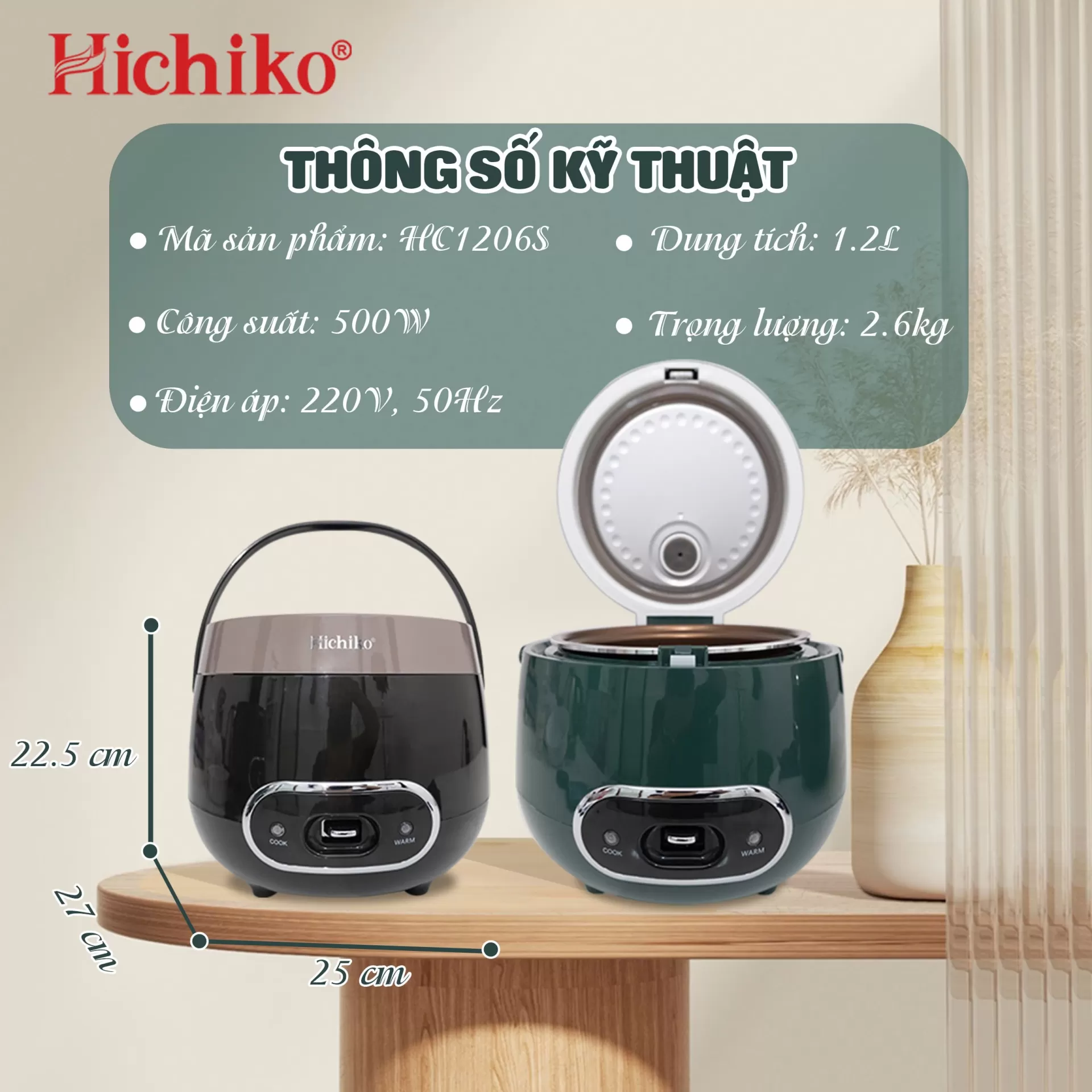 Nồi cơm điện Hichiko 1.2 lít quai xách Hichiko HC1206S