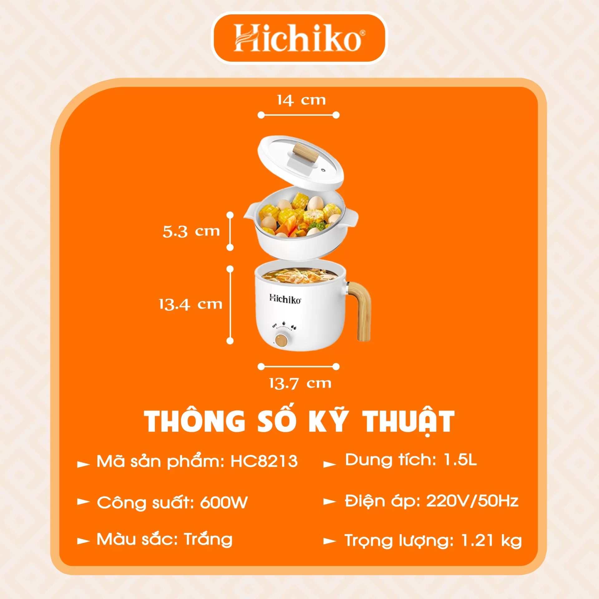Nồi Lẩu Điện Mini Đa Năng 2 Tầng Tiện Lợi Hichiko HC8213