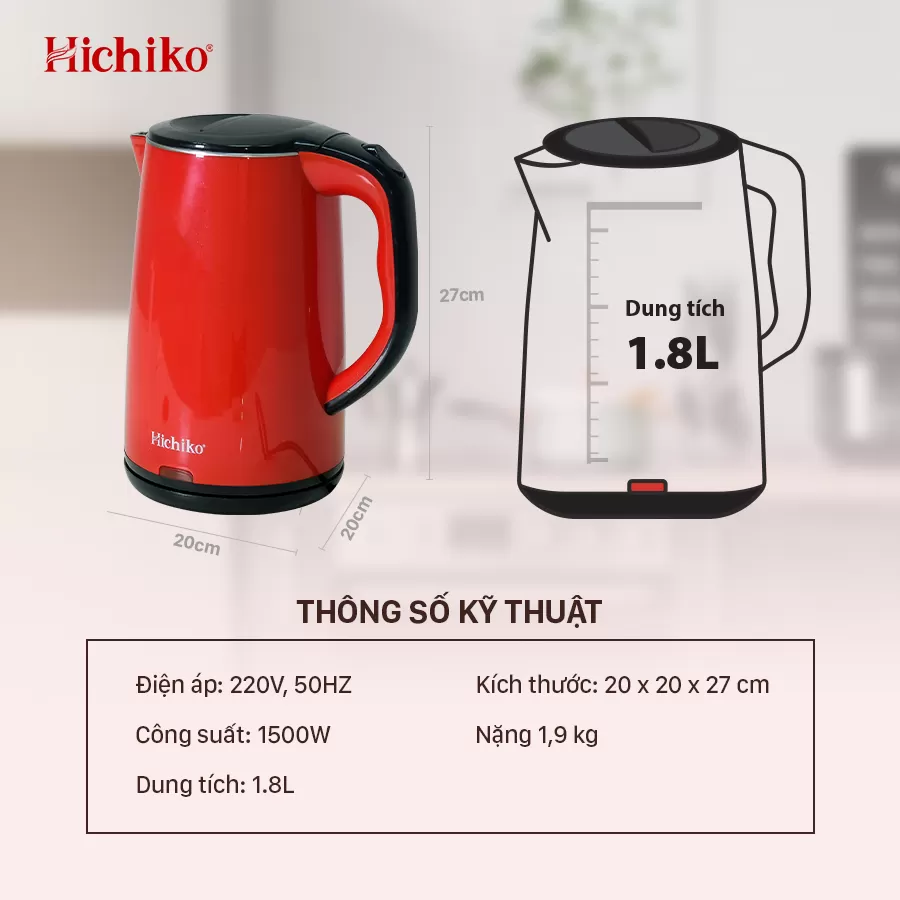 Ấm Đun Nước, Đun Siêu Tốc Hichiko HC - 818, dày 2 lớp dung tích 1,8L