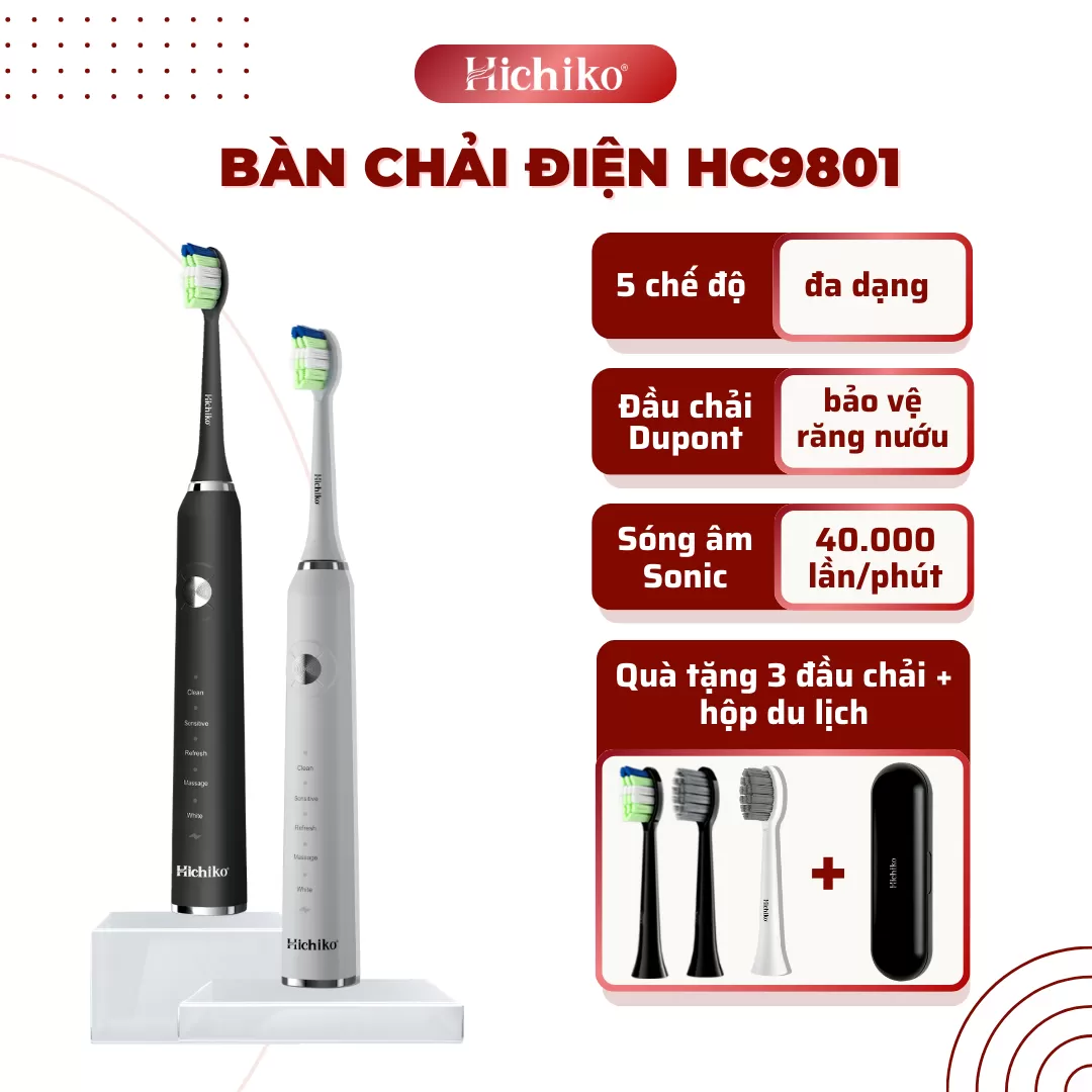 Bàn chải đánh răng điện Hichiko HC9801 5 chế độ, Công Nghệ Sóng Âm, Chải Sạch Mảng Bám Tới 10X
