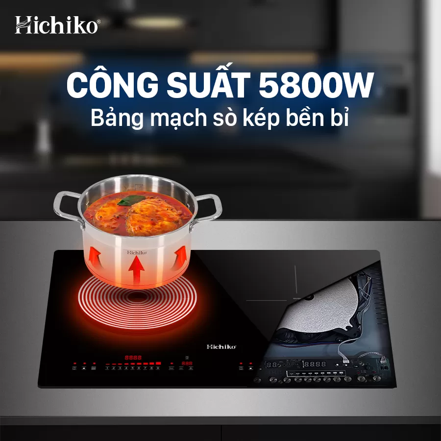 Bếp từ đôi Malaysia CS khủng 5800W mặt kính Kanger, Hichiko HC2504