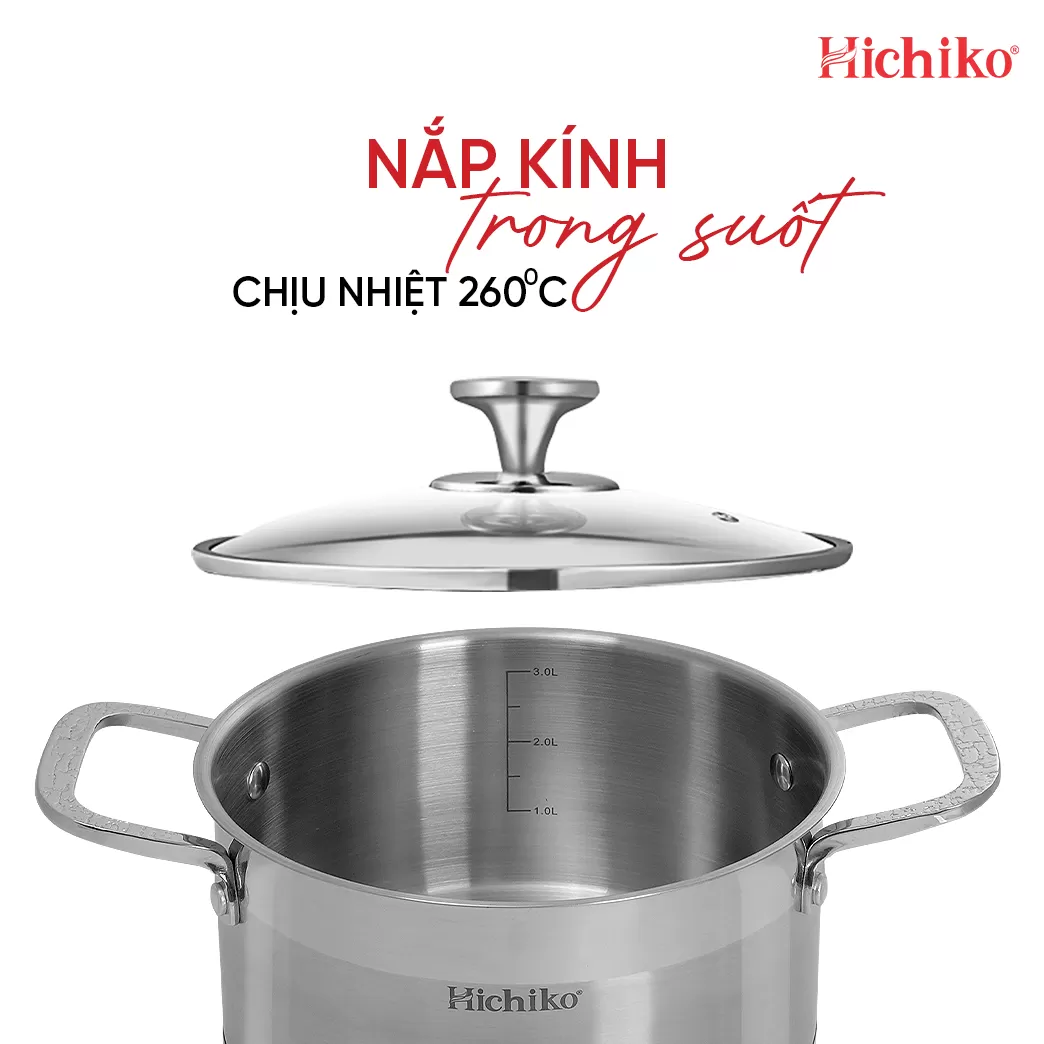 Bộ nồi inox 304 ĐÁY TỪ 5 lớp Hichiko HC1323X2022OL, kích thước 20 - 22 - 24cm, dùng mọi loại bếp