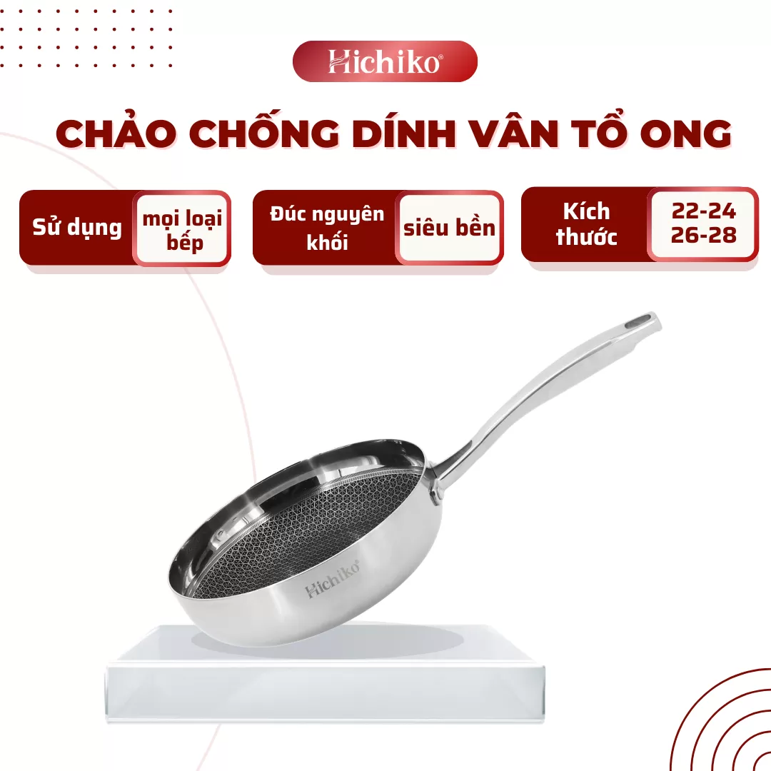 Chảo nguyên khối inox chống dính ĐÁY TỪ vân tổ ong Hichiko 8122NK size 22-24-26-28cm, dùng mọị loại bếp