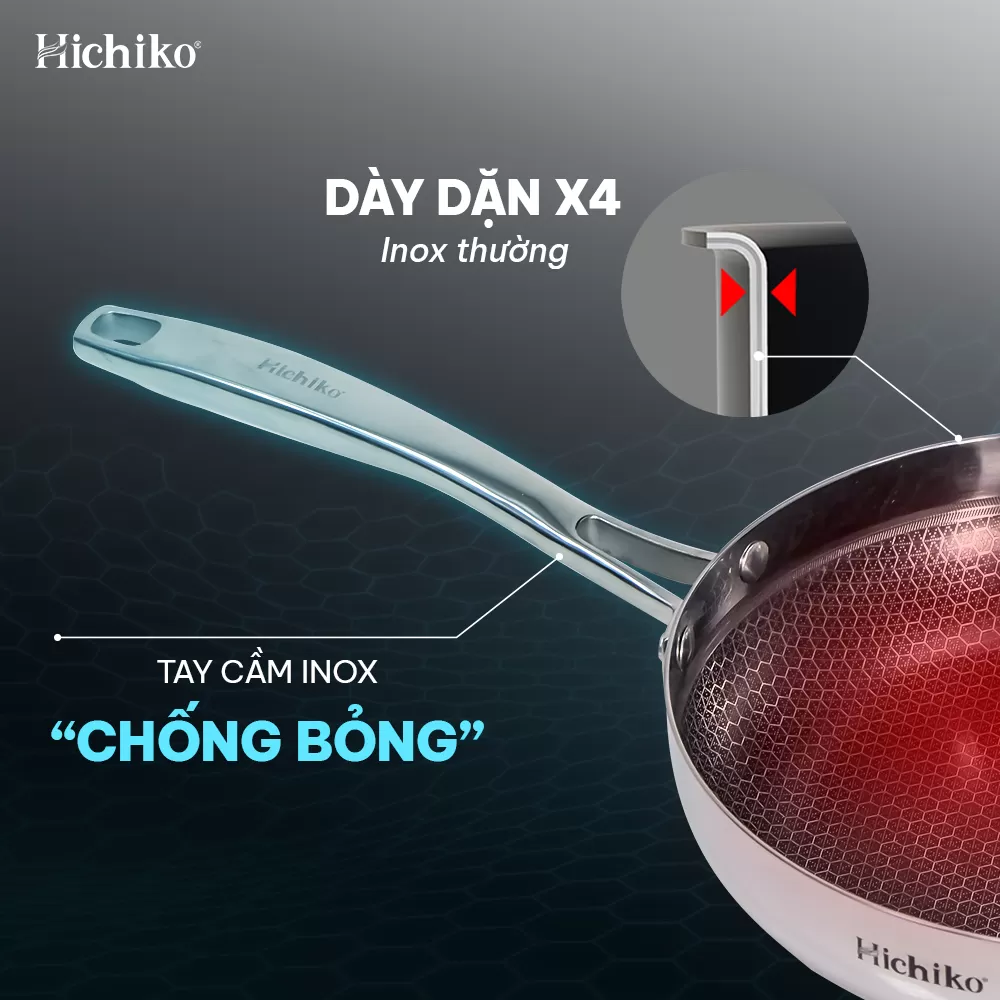 Chảo nguyên khối inox chống dính ĐÁY TỪ vân tổ ong Hichiko 8122NK size 22-24-26-28cm, dùng mọị loại bếp