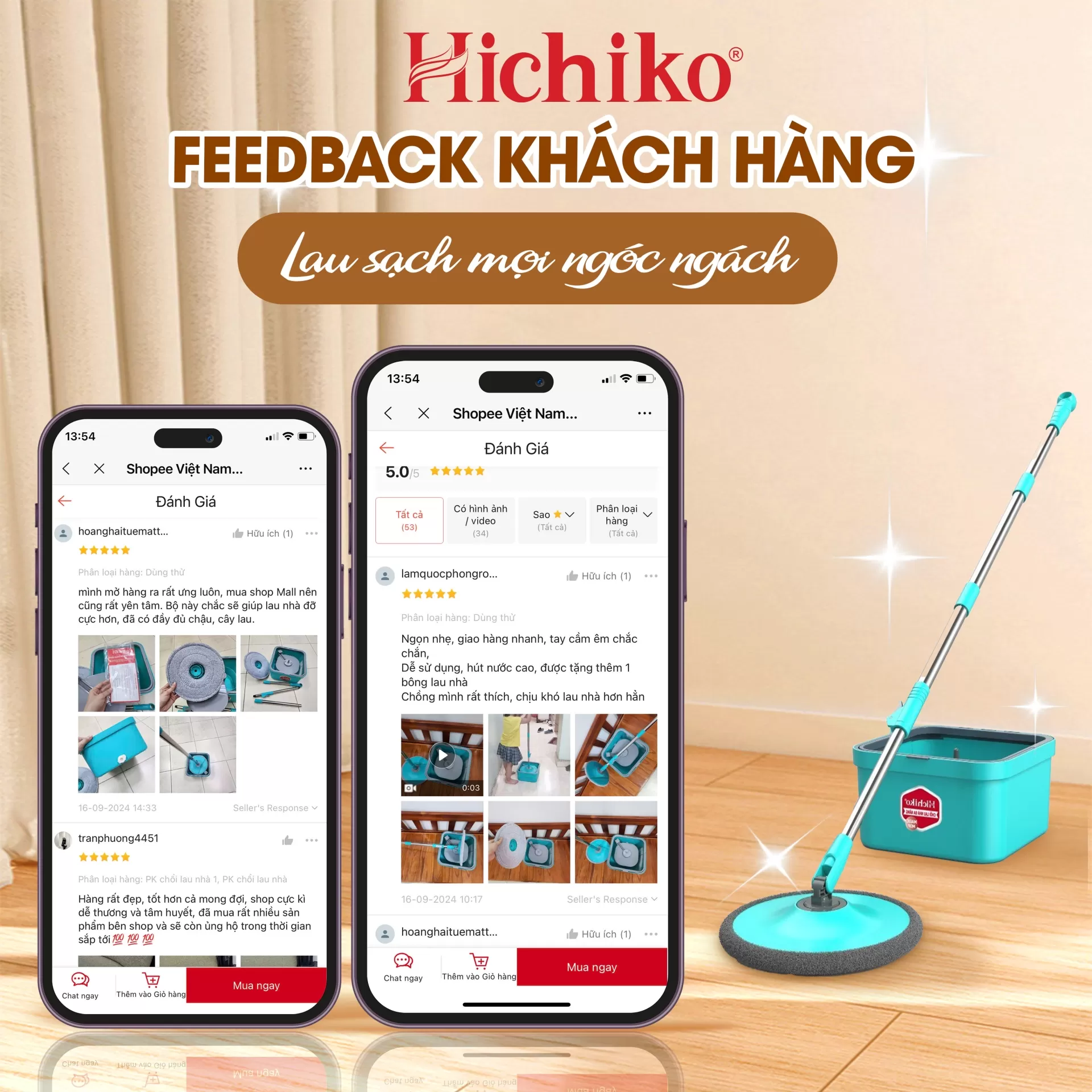 Chổi lau nhà tách riêng nước sạch/ bẩn xoay 360 Hichiko HC-5103