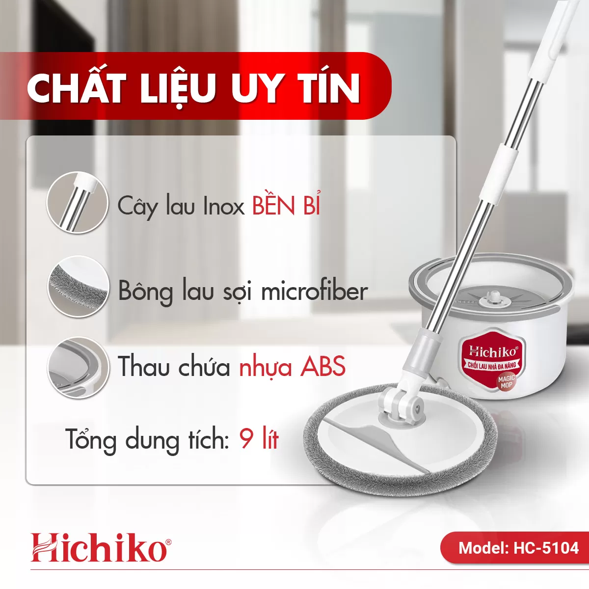 [Tặng 01 bông lau nhà] Cây lau nhà tròn Hichiko HC - 5104 siêu gọn nhẹ tự tách nước sạch, bẩn