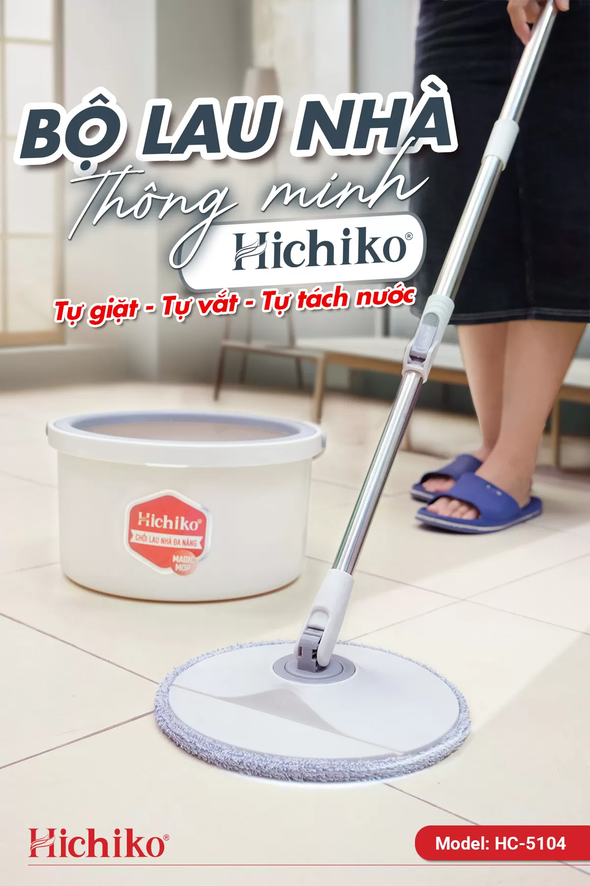 [Tặng 01 bông lau nhà] Cây lau nhà tròn Hichiko HC - 5104 siêu gọn nhẹ tự tách nước sạch, bẩn