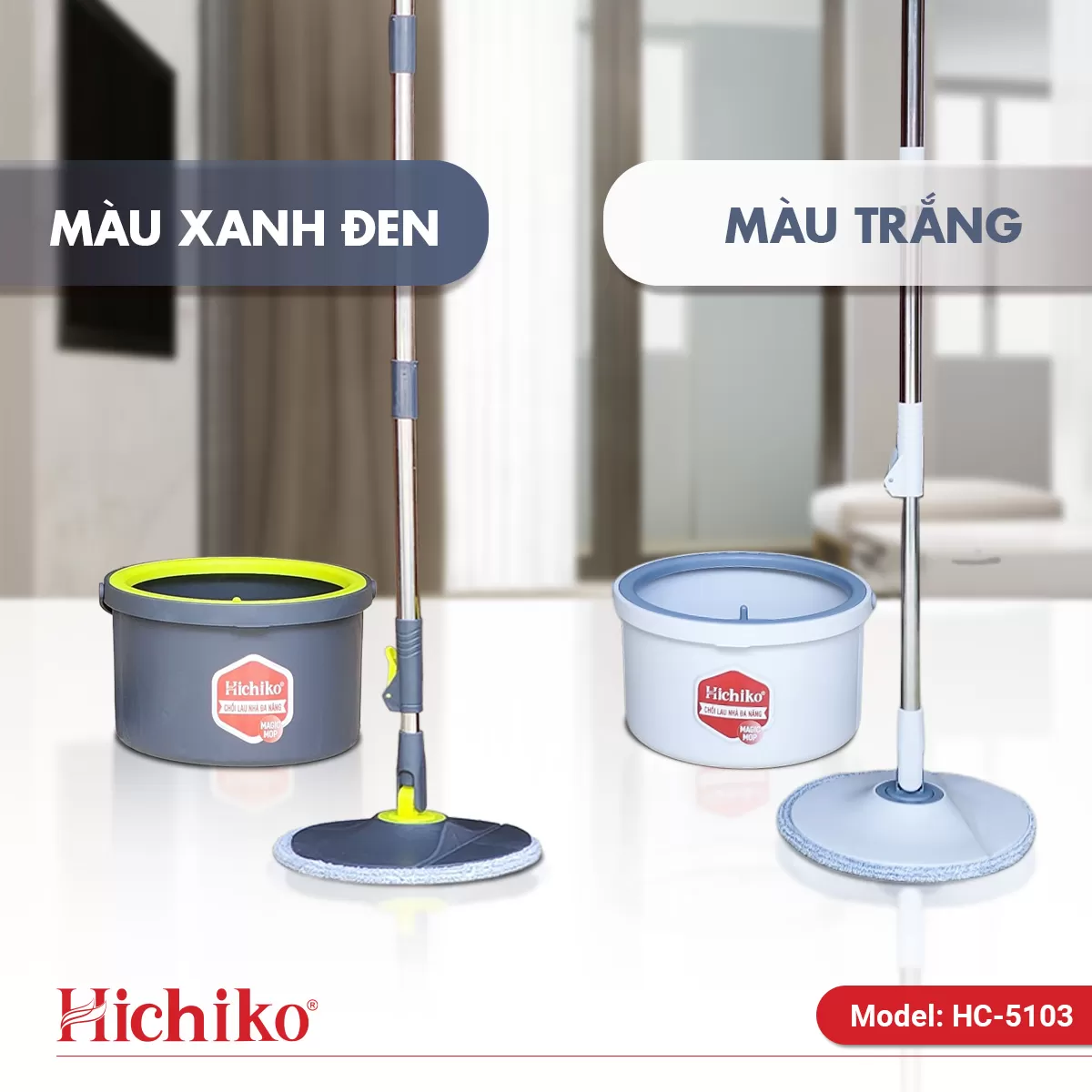 [Tặng 01 bông lau nhà] Cây lau nhà tròn Hichiko HC - 5104 siêu gọn nhẹ tự tách nước sạch, bẩn