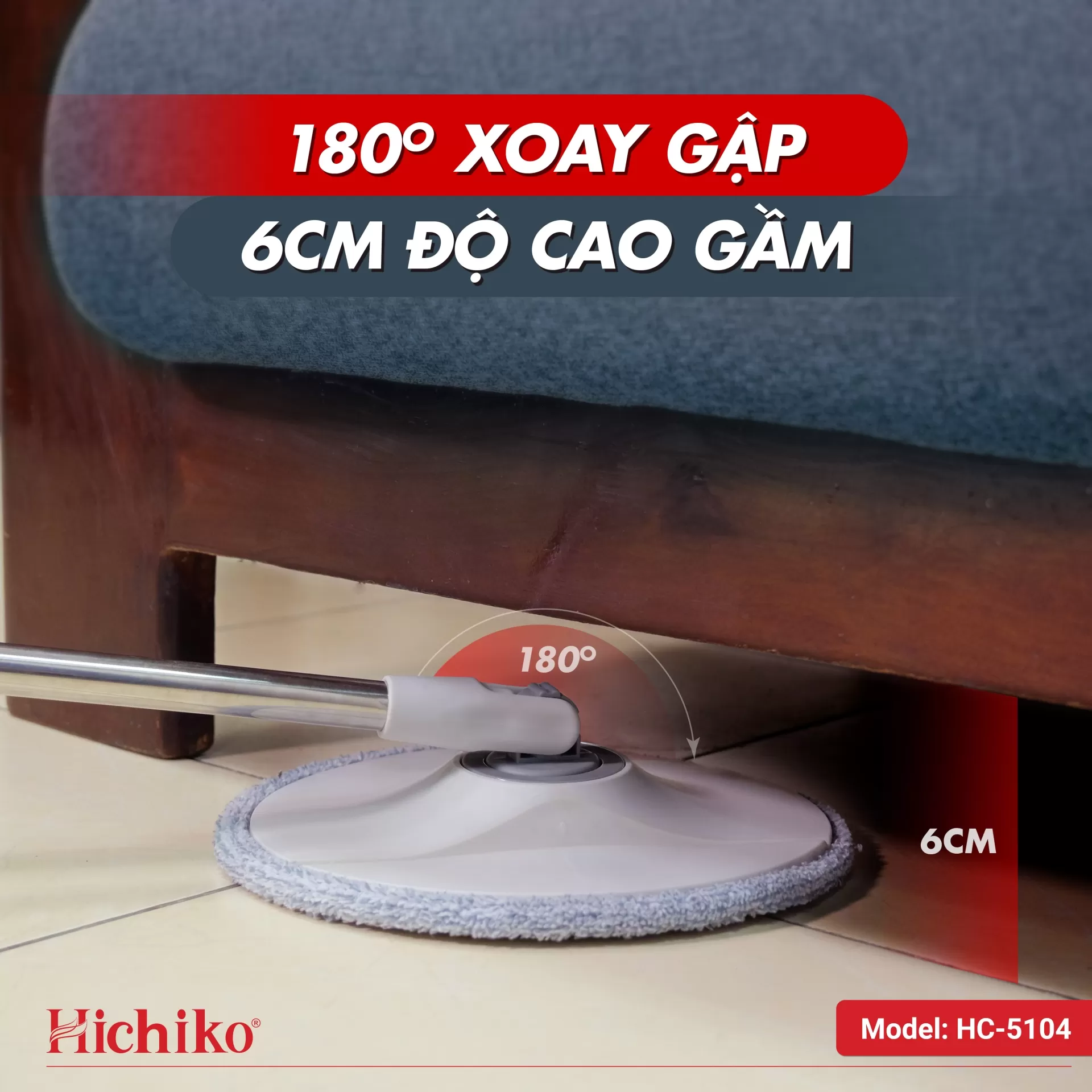 [Tặng 01 bông lau nhà] Cây lau nhà tròn Hichiko HC - 5104 siêu gọn nhẹ tự tách nước sạch, bẩn