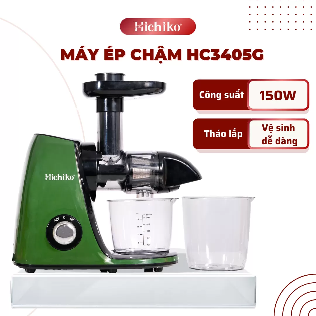 Máy ép chậm trục ngang Hichiko HC3405G công suất 150W, máy ép siêu kiệt bã, giữ dinh dưỡng 98%