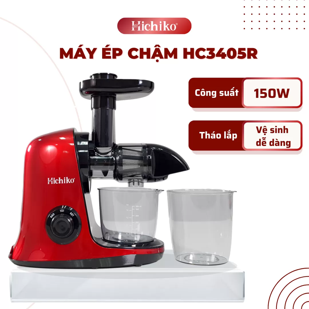 Máy ép chậm trục ngang Hichiko HC3405R công suất 150W, Máy ép hoa quả ép siêu kiệt bã, giữ dinh dưỡng 98%