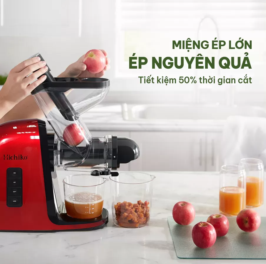 Máy ép chậm trục ngang cổ to Hichiko HC - 3404, miệng cối rộng 7.5 cm dễ dàng ép nguyên quả