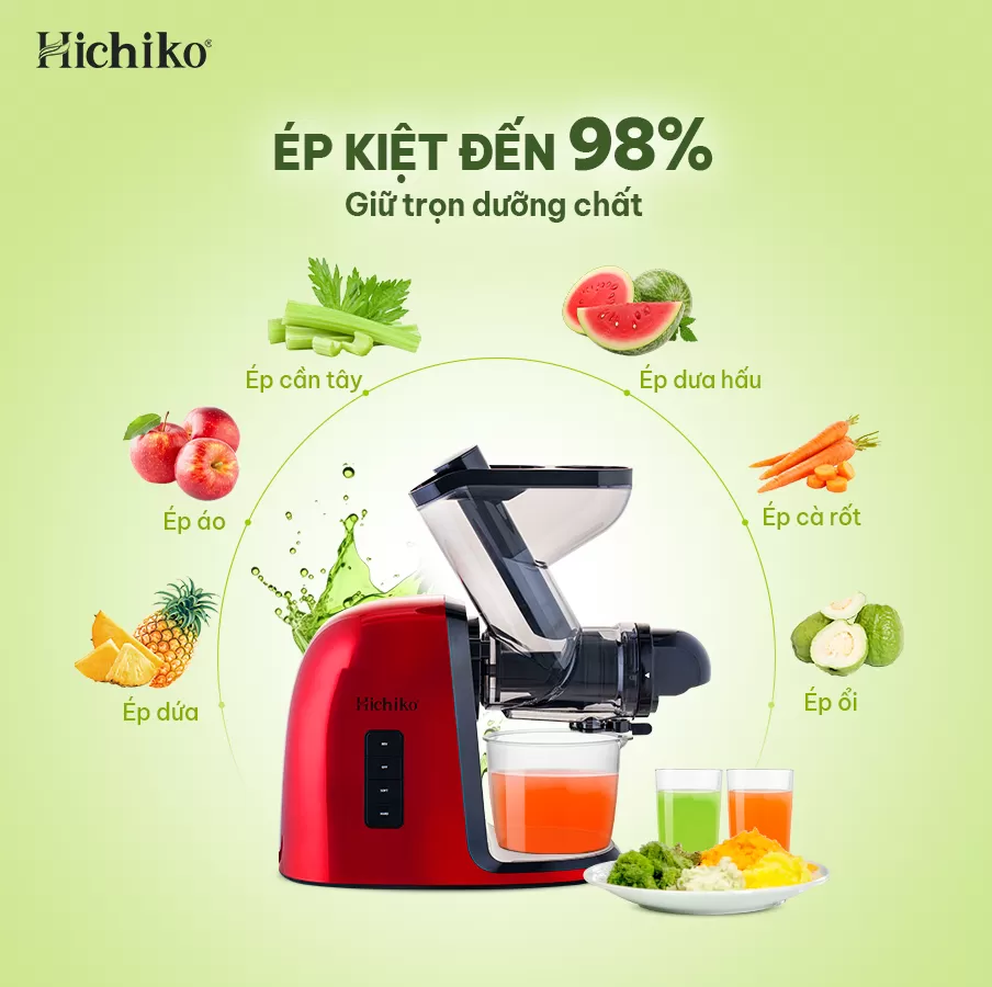 Máy ép chậm trục ngang cổ to Hichiko HC - 3404, miệng cối rộng 7.5 cm dễ dàng ép nguyên quả