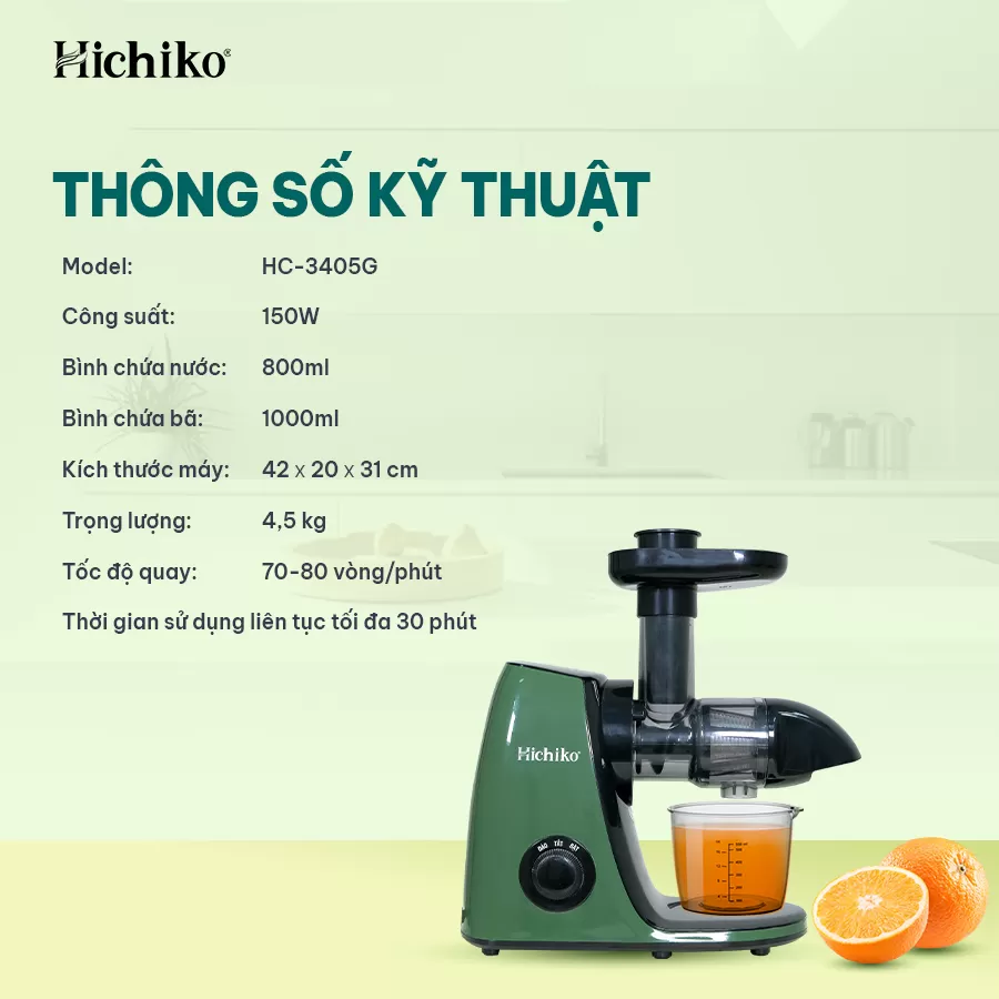 Máy ép chậm trục ngang Hichiko HC3405G công suất 150W, máy ép siêu kiệt bã, giữ dinh dưỡng 98%