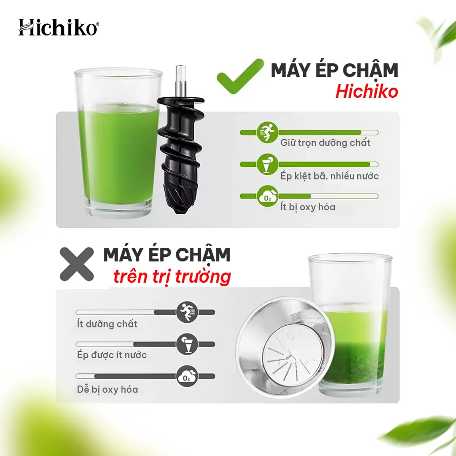 Máy ép chậm trục ngang Hichiko HC3405G công suất 150W, máy ép siêu kiệt bã, giữ dinh dưỡng 98%