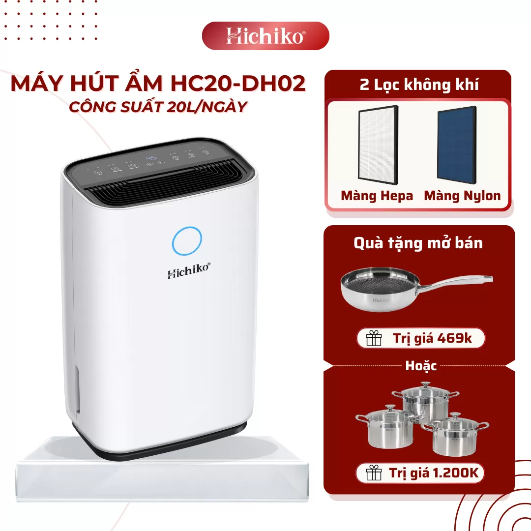 Máy hút ẩm Hichiko HC20-DH02 dành cho diện tích từ 20-50m2, công suất hút 20L/ngày, bình chứa 4L
