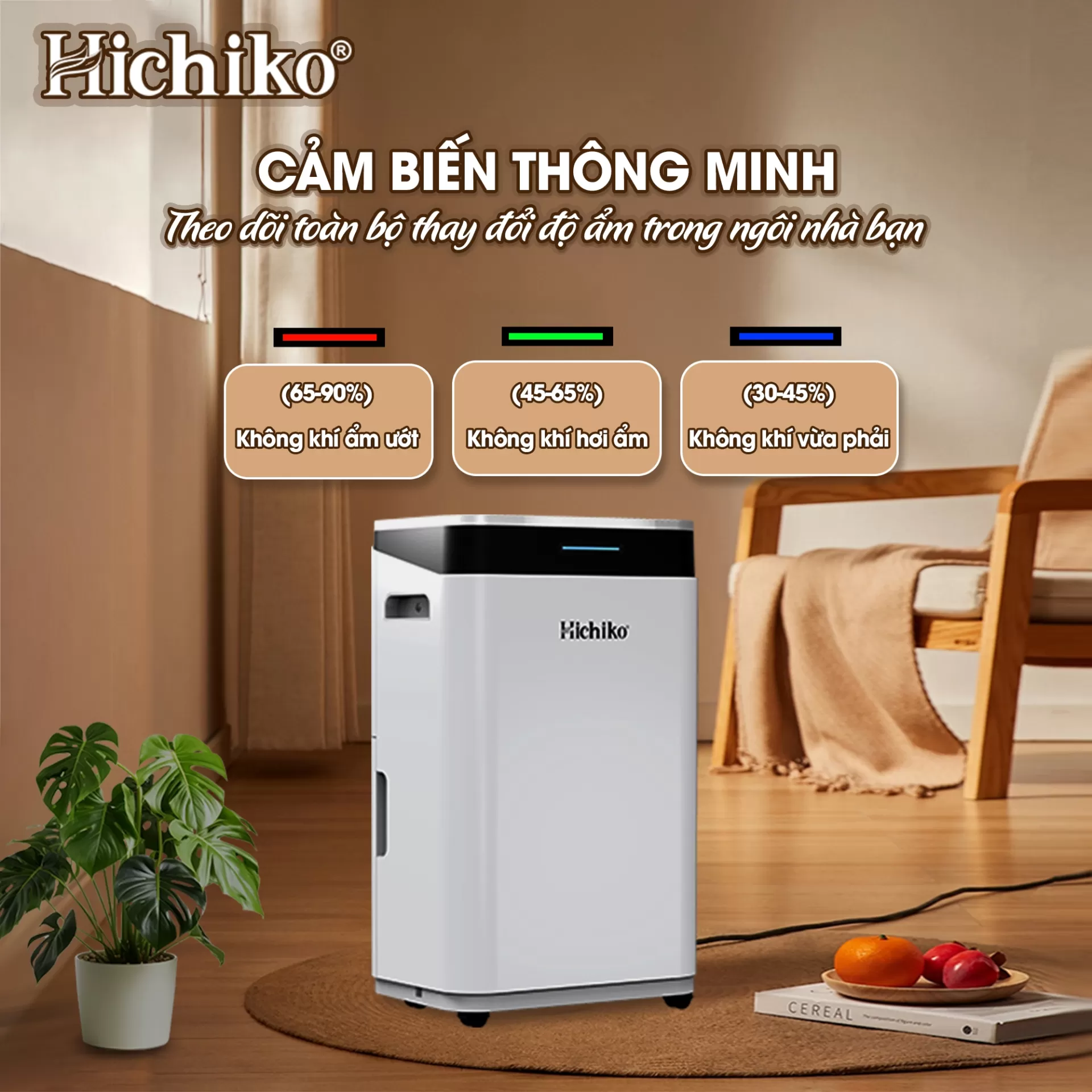 Máy hút ẩm Hichiko HC25-DH01, cho diện tích từ 30 - 60m2, công suất hút 25L/ngày, bình chứa 6.5L