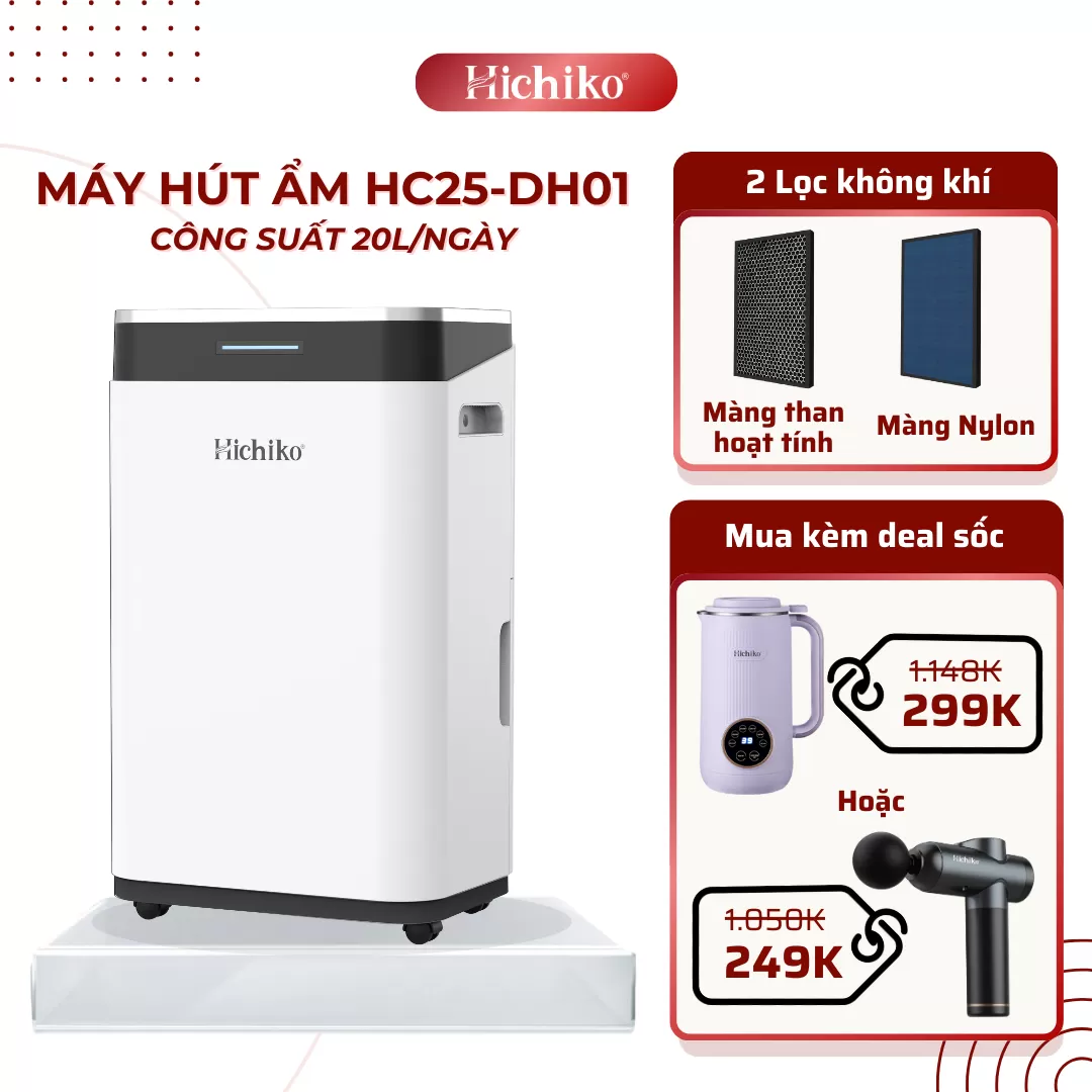 Máy hút ẩm Hichiko HC25-DH01, cho diện tích từ 30 - 60m2, công suất hút 25L/ngày, bình chứa 6.5L