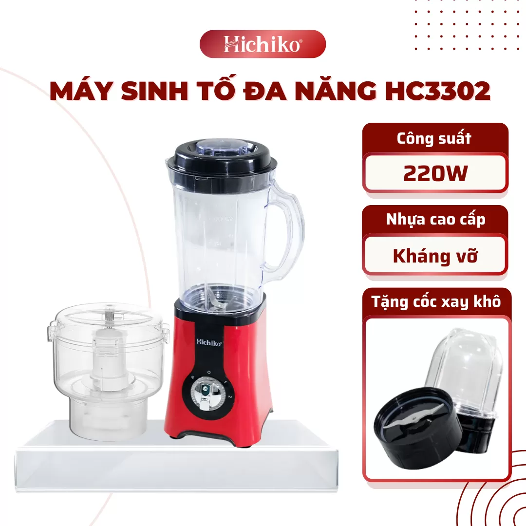 [Tặng kèm 1 cối xay] Máy Xay Sinh Tố đa năng 3 cối xay Hichiko HC3302R, lưỡi Inox xay cực nhuyễn
