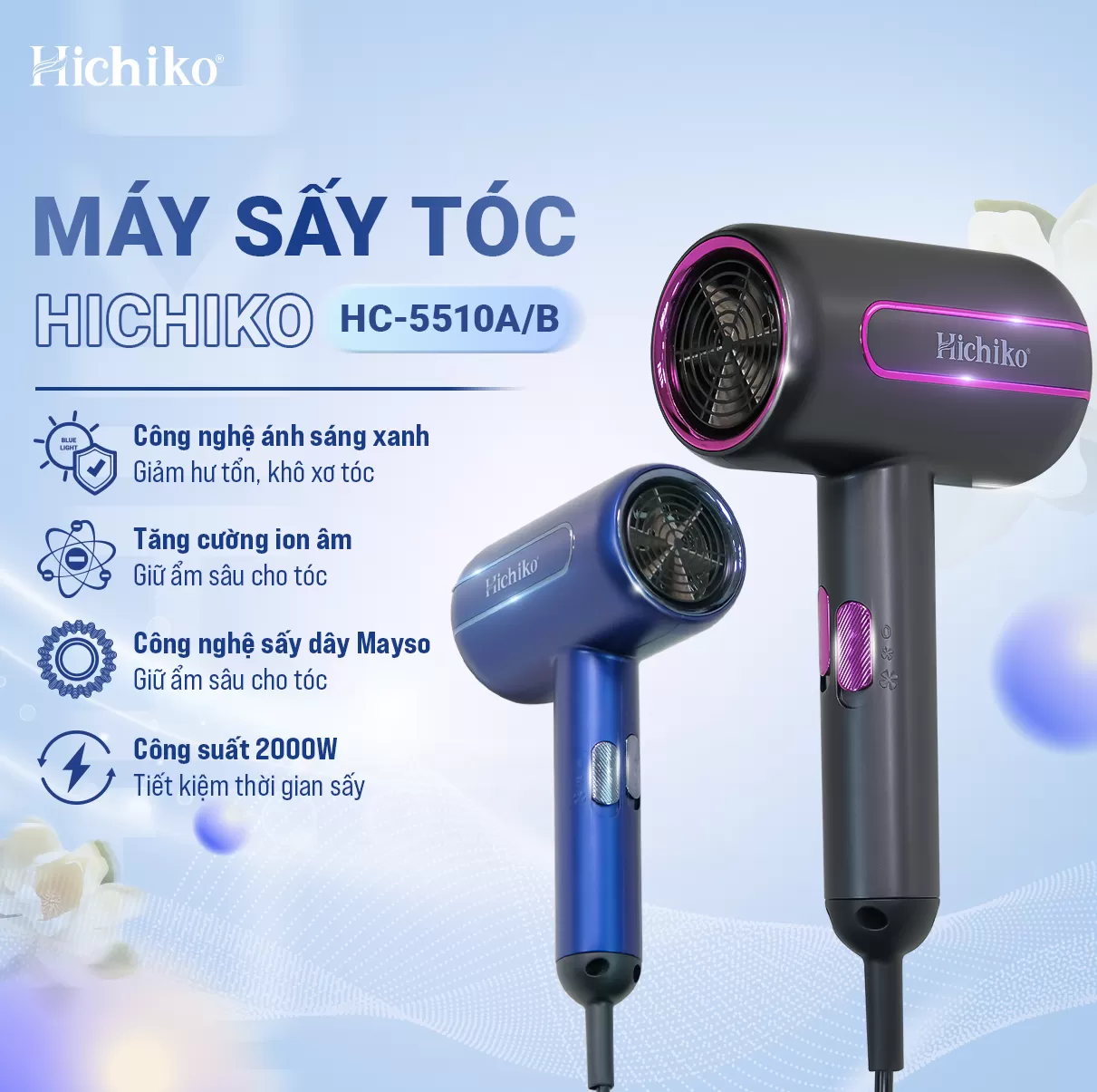Máy sấy tóc Hichiko HC5510A/B cao cấp 2 chiều công suất lớn 2000W, có ion âm và ánh sáng xanh
