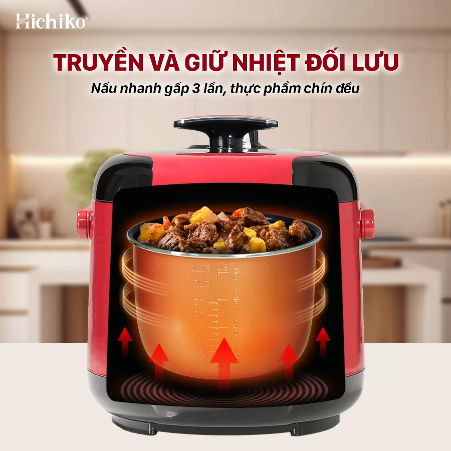 NỒI ÁP SUẤT 6L HICHIKO HC-1864 có quai xách, có nút bấm xả hơi, chốt an toàn cao cấp