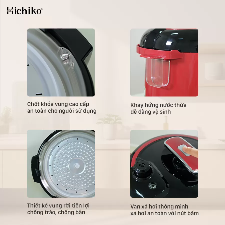 NỒI ÁP SUẤT 6L HICHIKO HC-1864 có quai xách, có nút bấm xả hơi, chốt an toàn cao cấp