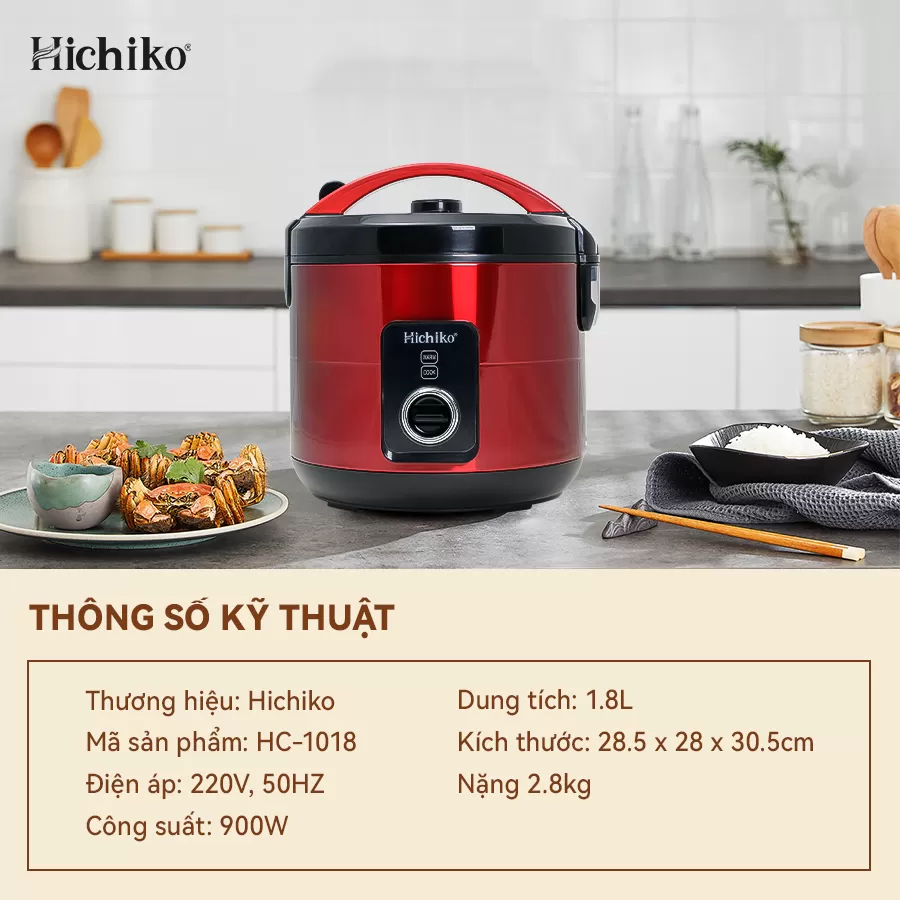 Nồi cơm điện 1.8L Hichiko HC - 1018, dành cho gia đình 6-10 người, nấu cơm cho người cú đêm