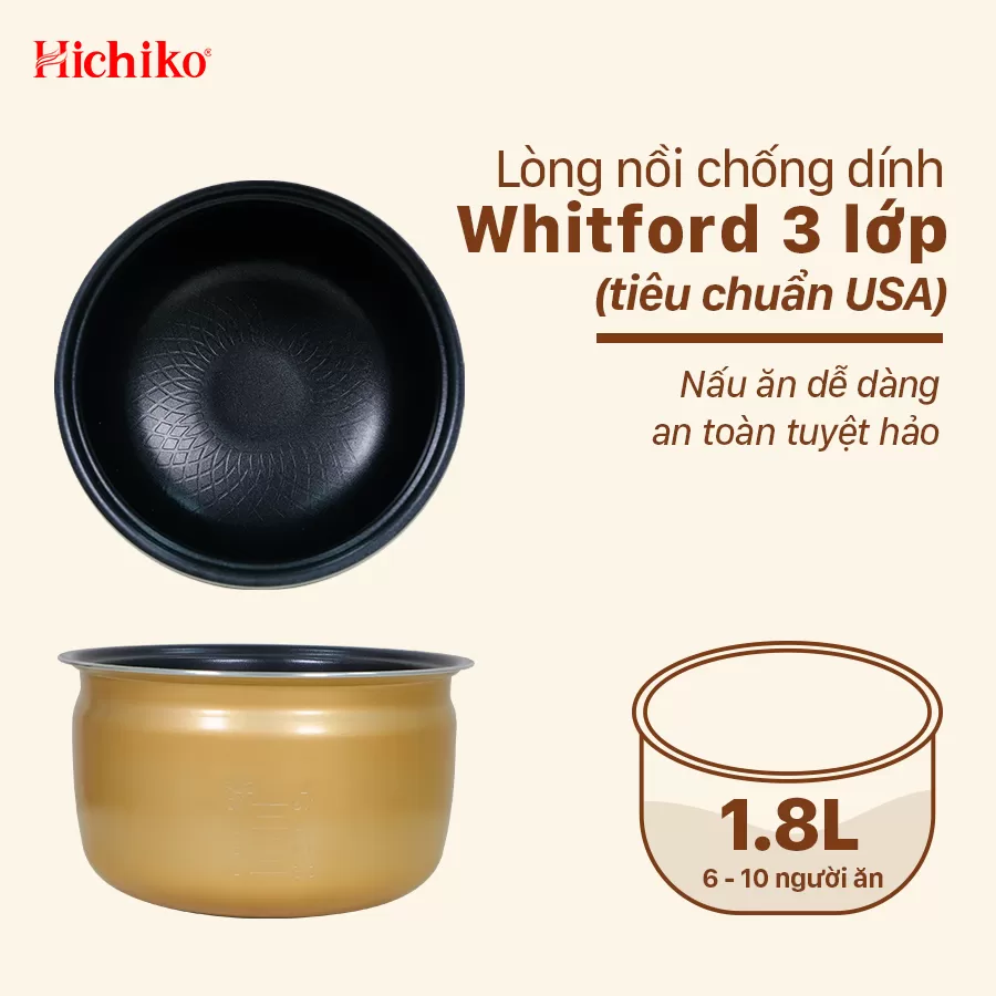 Nồi cơm điện 1.8L Hichiko HC - 1018, dành cho gia đình 6-10 người, nấu cơm cho người cú đêm