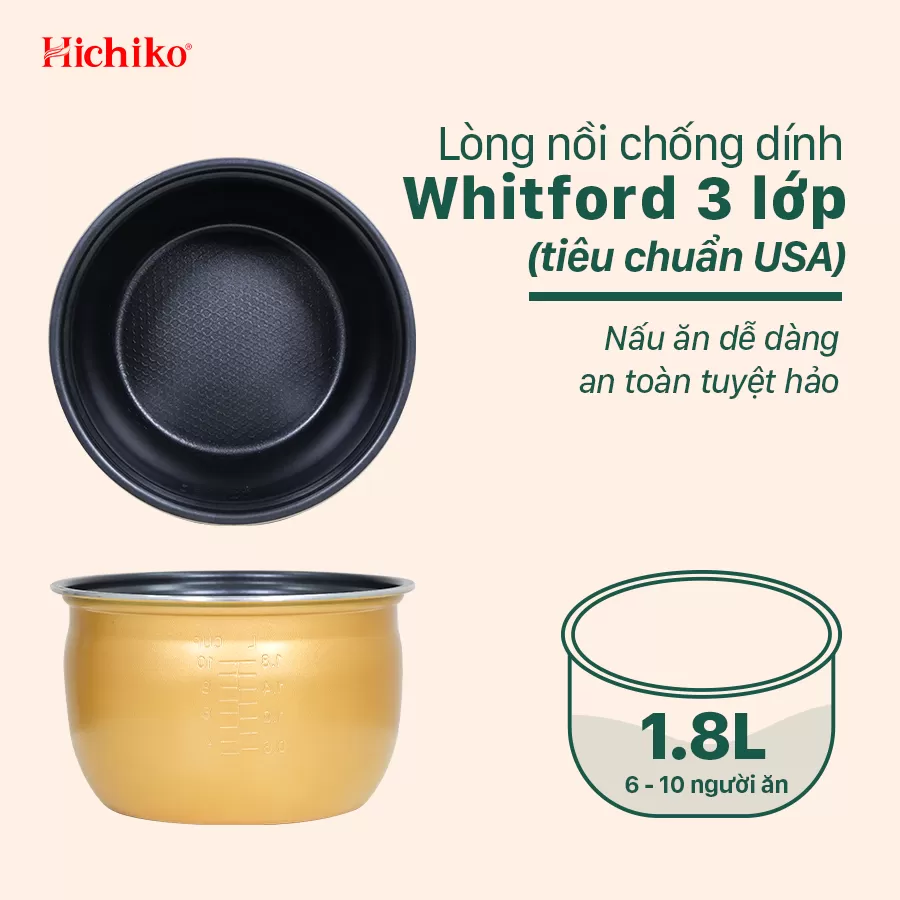 Nồi Nấu Cơm điện 1.8L Hichiko HC - 1020 phù hợp dành cho gia đình 6 - 10 người