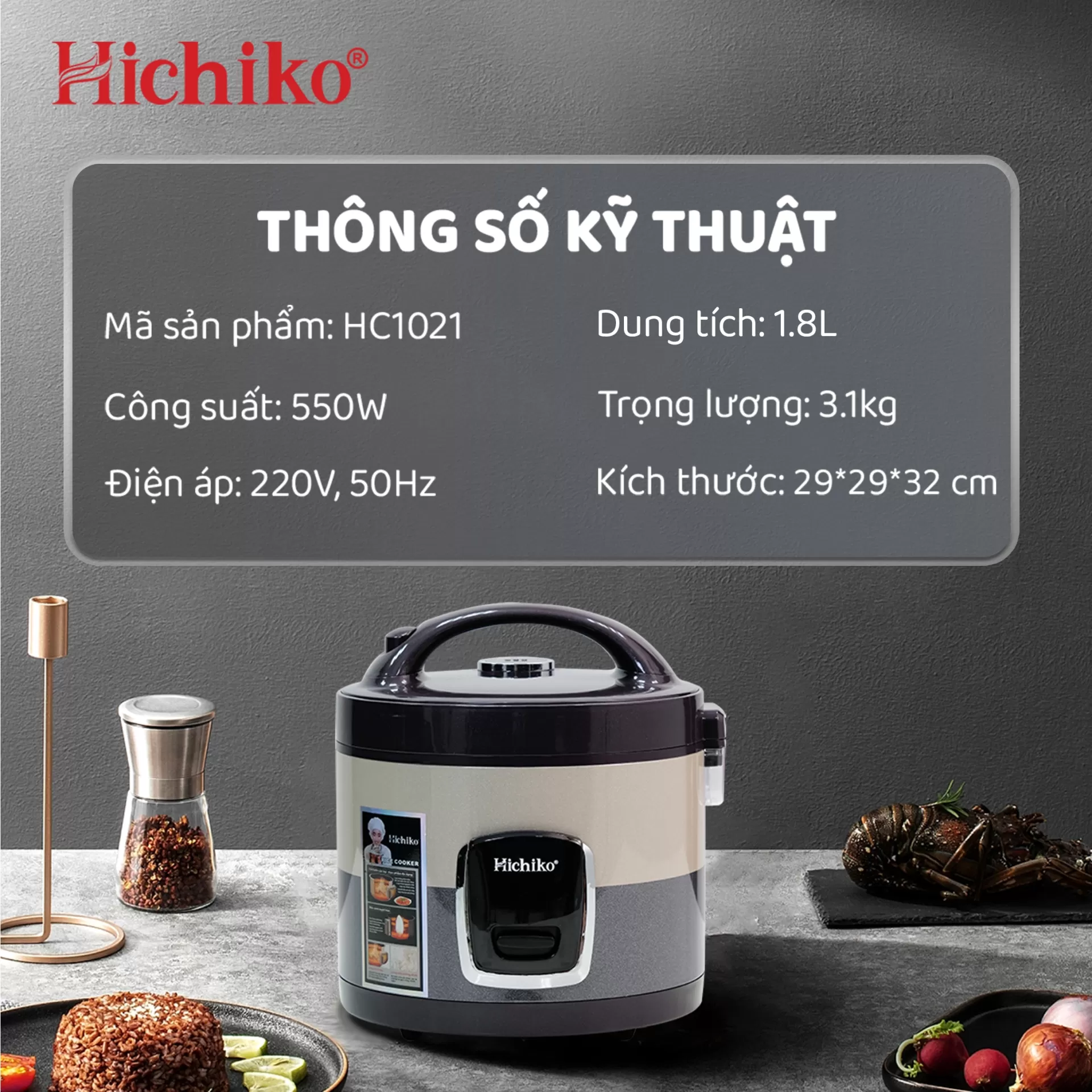 [HC1021] NỒI CƠM QUAI XÁCH Hichiko HC1021 – 1.8L: Quai xách nhàn tay, cơm ngon đúng vị!